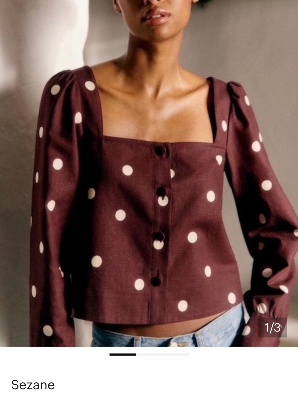 Sezane Lorenza Blouse features a chocolate brown linen fabric With Polka Dots